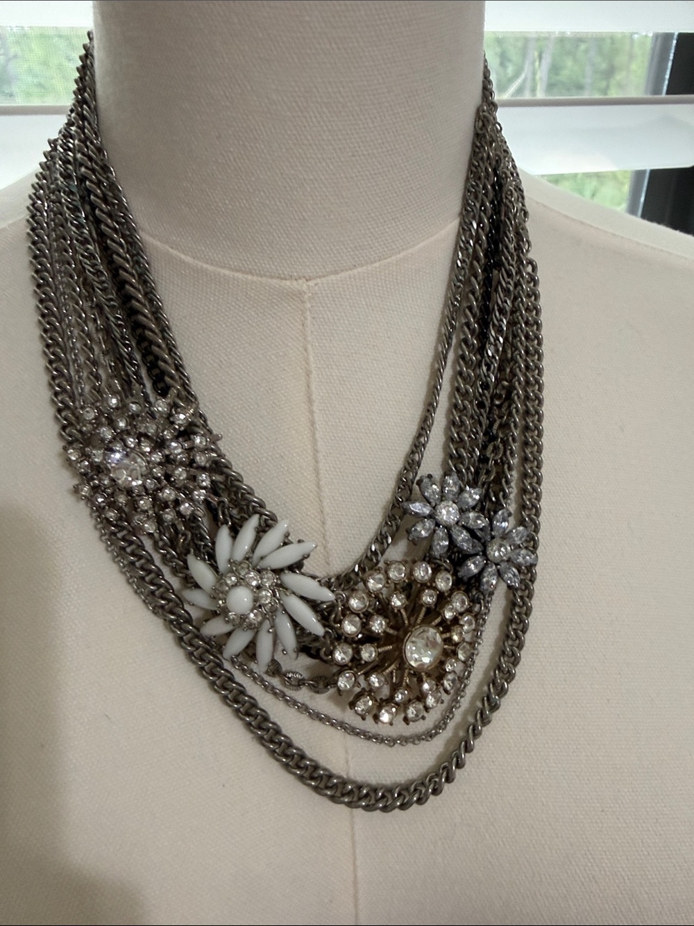 Crystal Flower Multi-Row Statement Necklace - Silver/White
